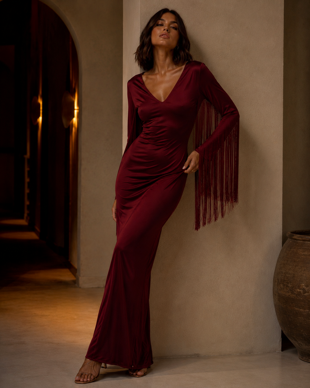 Rubí Dress: Handmade Luxury Open Back Fringe Evening Dress
